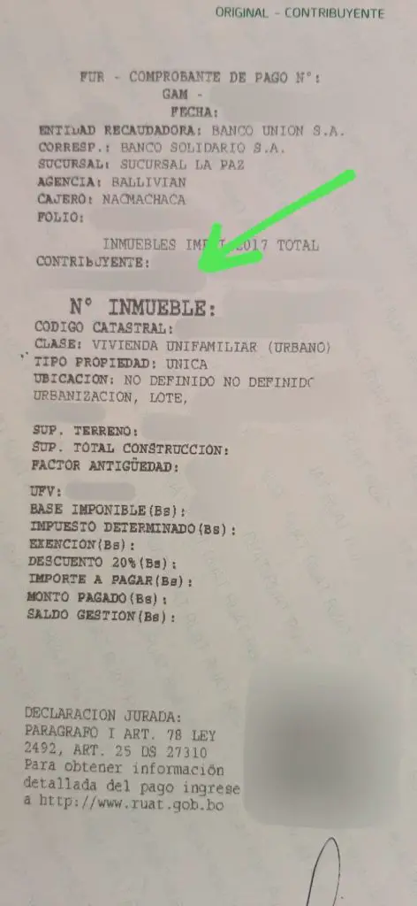 Example of a proof of payment for the property ownership tax in Bolivia