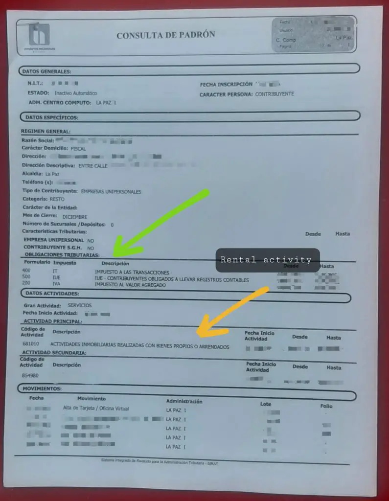 Record of property rental tax with their IVA VAT and IT sub taxes