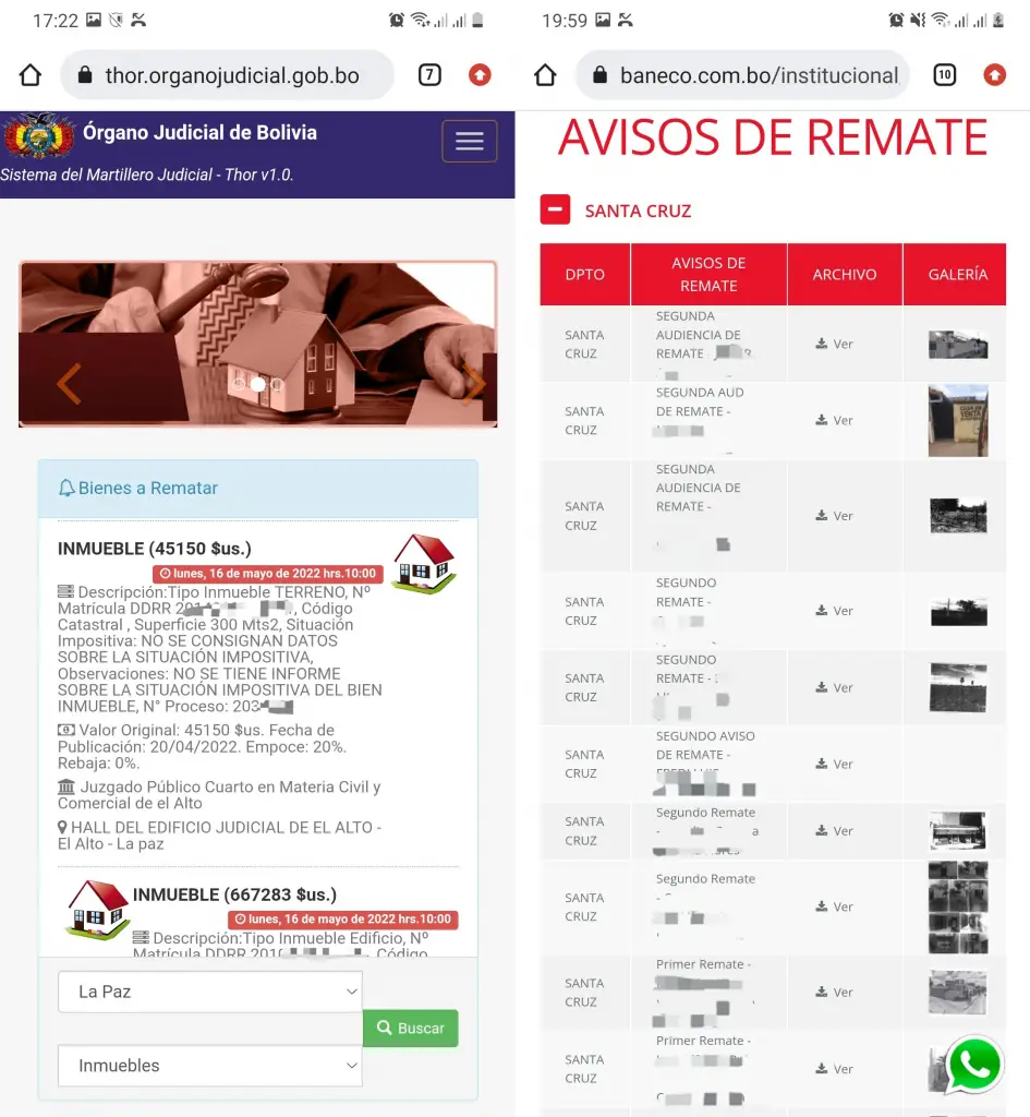 Thor system and Economic Bank showing houses in foreclosure process in Bolivia