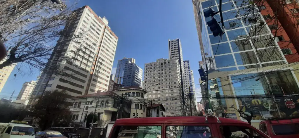 Colonial houses next to modern skyscrapers, in La Paz, Bolivia