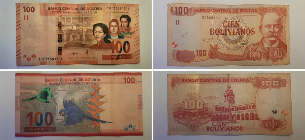 Billete Bs 100 en versiones antigua y nueva