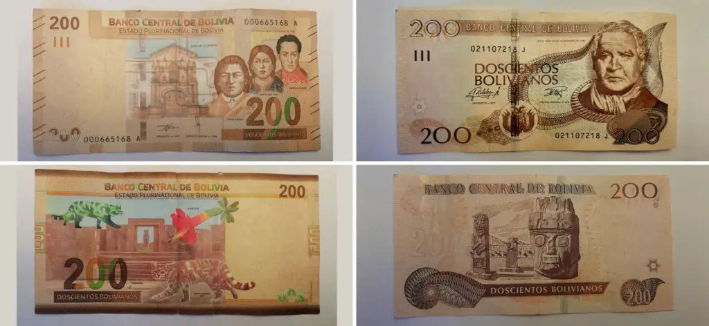 Billete de Bs 200 en versiones antigua y nueva