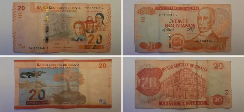 El billete de Bs 20 en versiones antigua y nueva