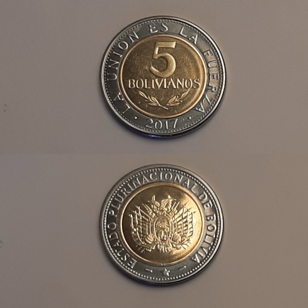 Moneda actual de Bs 5 frente y reverso
