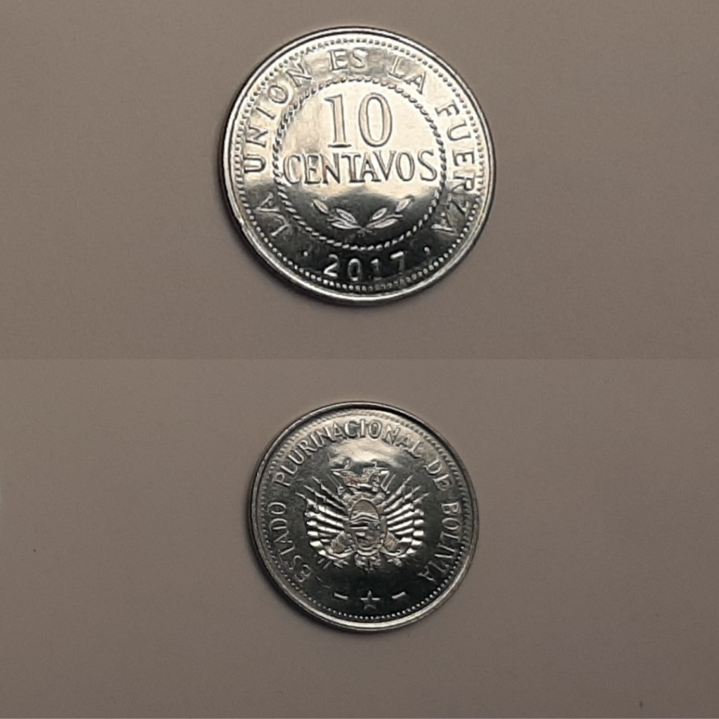 Moneda boliviana actual de 10 centavos frente y reverso