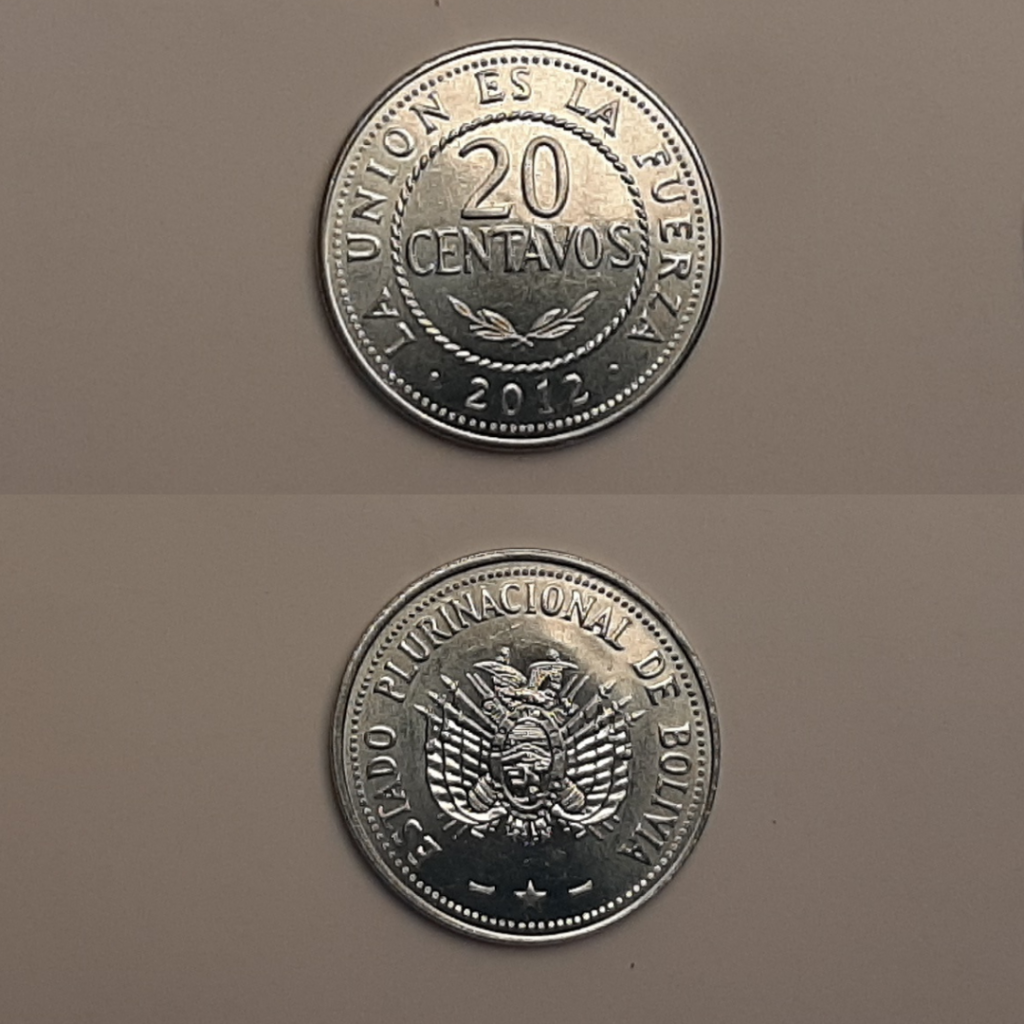 Moneda boliviana actual de 20 centavos frente y reverso