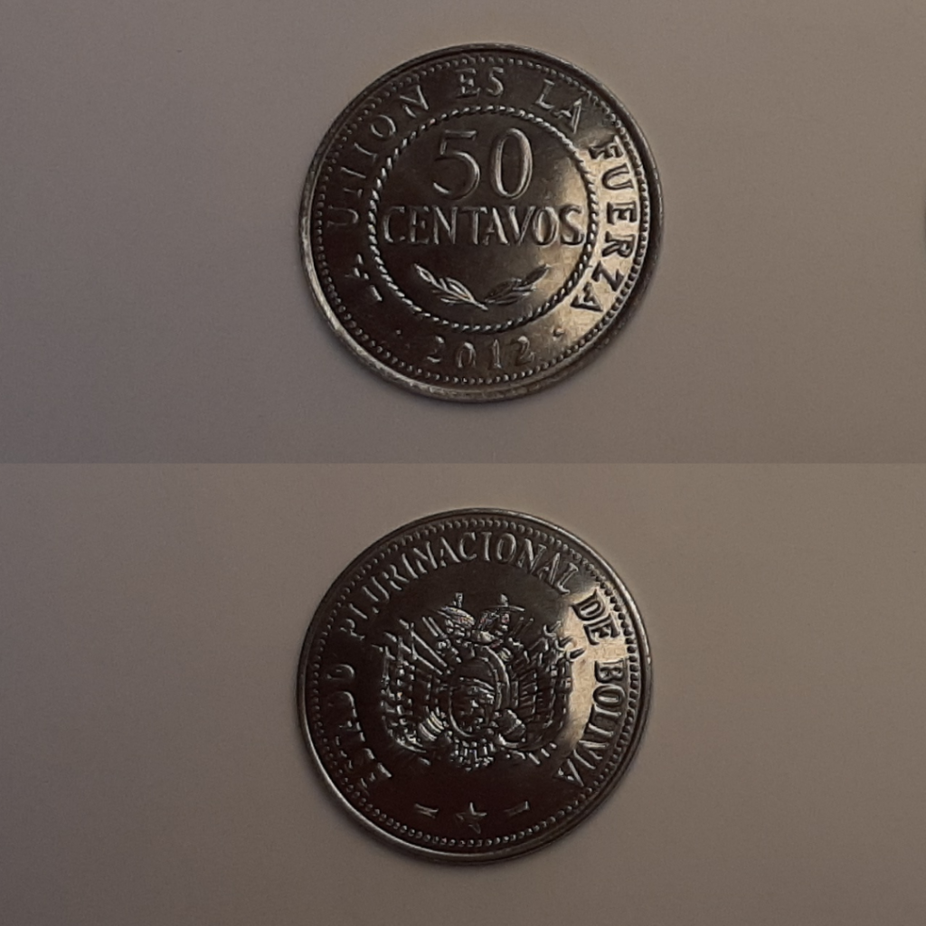 Moneda boliviana actual de 50 centavos frente y reverso