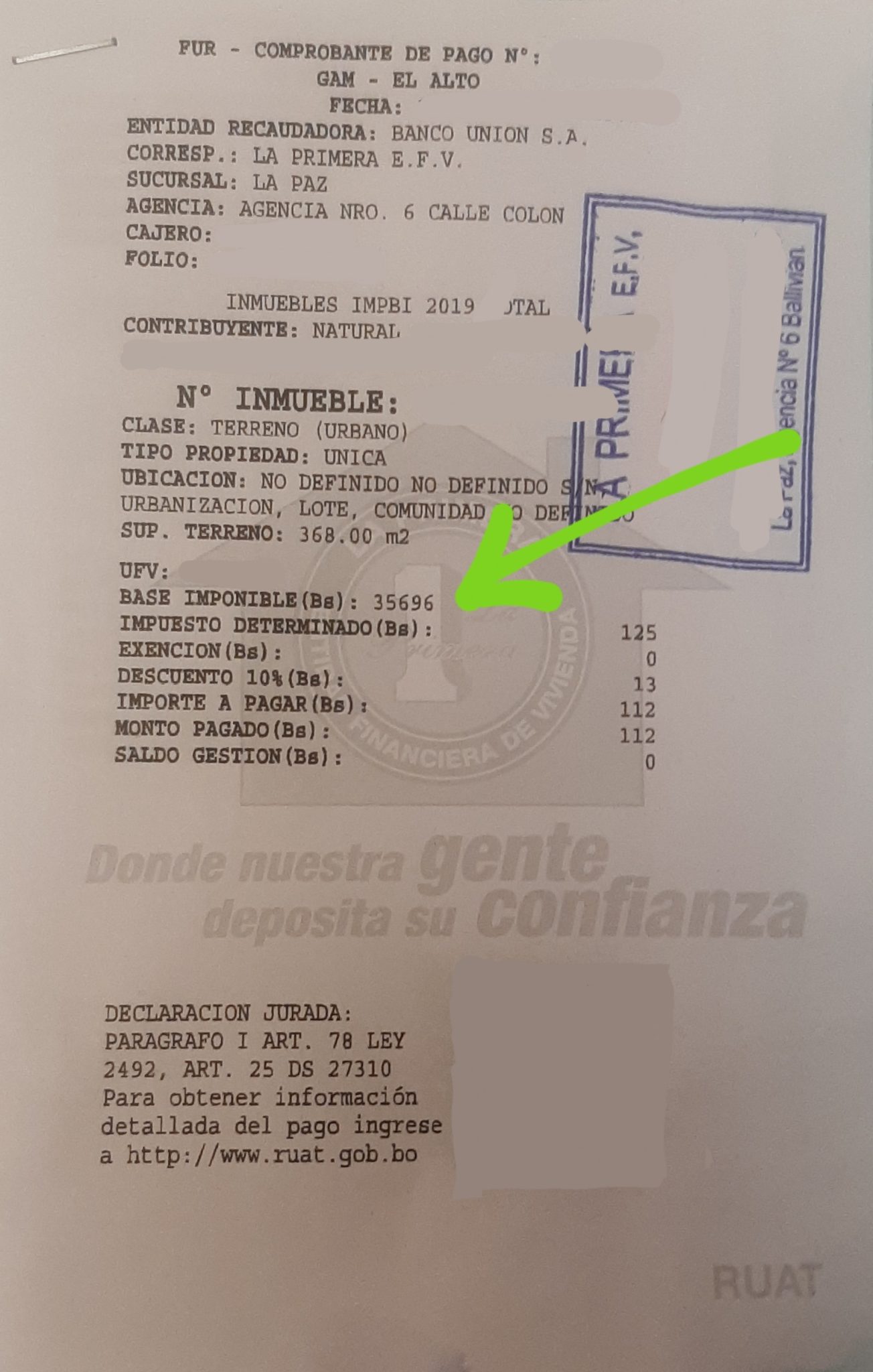 Base imponible de el impuesto a la herencia en el comprobante de pago del IPBI