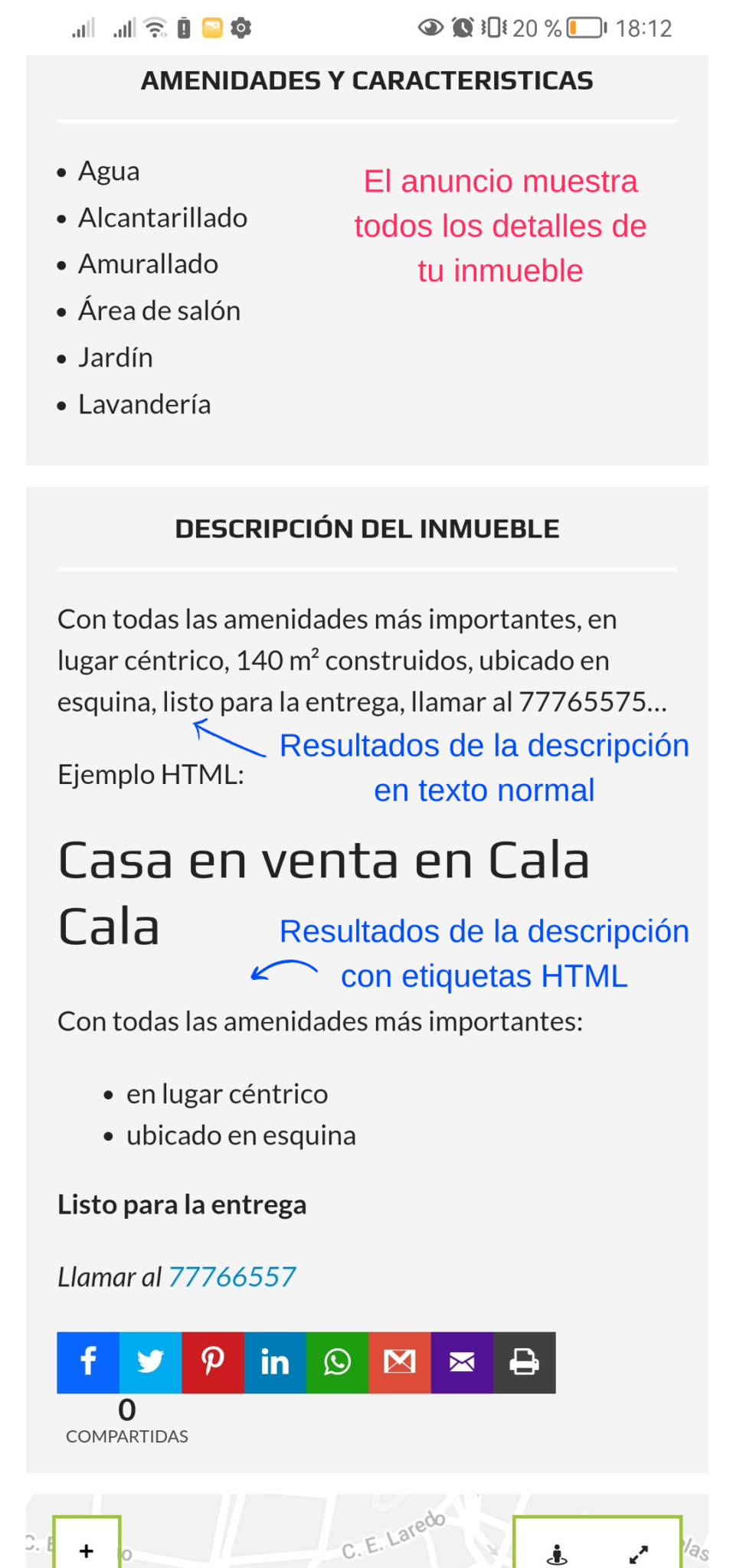 Apariencia de la descripción del inmueble en el anuncio, en formato de texto normal y con etiquetas HTML