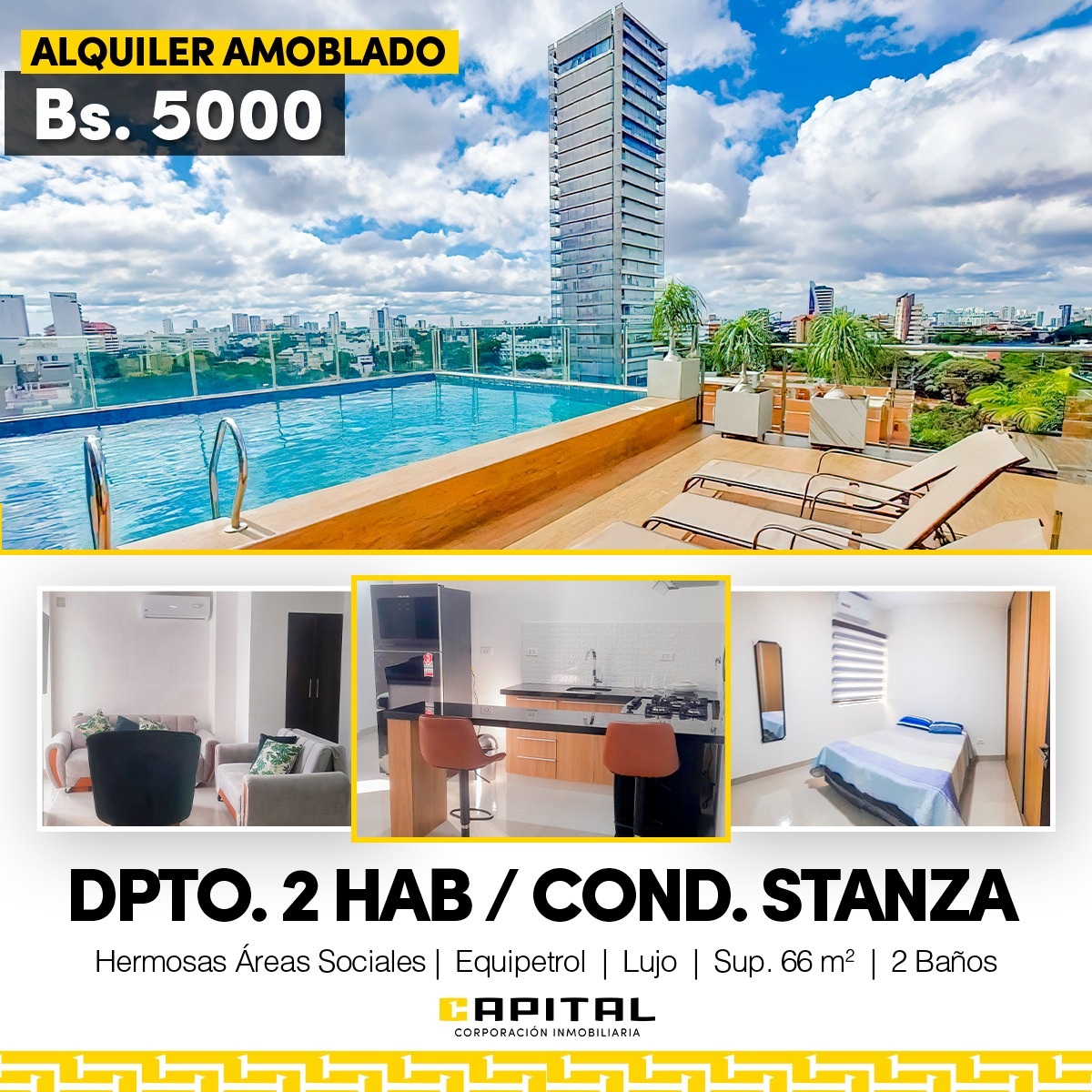 Departamento Amoblado en Alquiler – Condominio Stanza. Ubicado en Equipetrol,