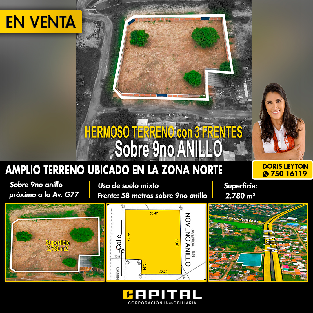 TERRENO EN VENTA EN ZONA NORTE SOBRE 9NO ANILLO (PROXIMO A G77)